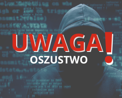 Infografika przedstawiająca osobę w kapturze i napis UWAGA OSZUSTWO