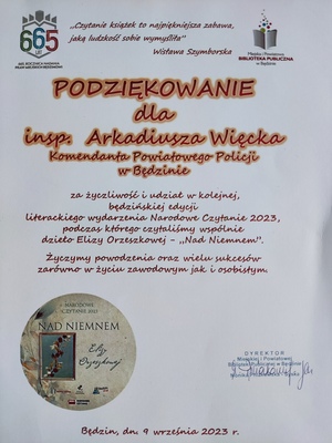 Podziękowanie dla Komendanta Powiatowego Policji w Będzinie za udział w narodowym czytaniu.