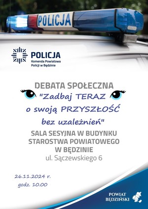 Plakat debaty, która odbędzie się 26 listopada w budynku Starostwa Powiatowego w Będzinie o godzinie 10.