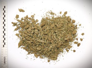 Na zdjęciu zielono-brunatna marihuana na kartce papieru.