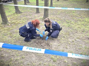 Na zdjęciu policjantki sadzą drzewko na parkingu komendy.