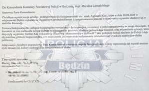 Treść podziękowań dla będzińskiej policjantki.