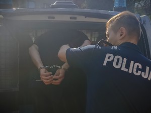 Na zdjęciu policjant umieszcza zatrzymanego w radiowozie.