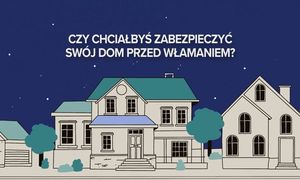Grafika, na której widzimy budynki mieszkalne, a nad nimi napis: Czy chciałbyś zabezpieczyć swój dom przed włamaniem?