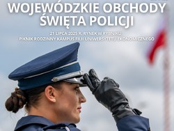 na zdjęciu plakat z napisem święto policji i oddająca honor policjantka