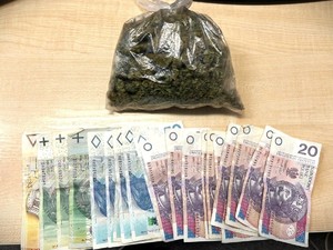 Na zdjęciu torba foliowa z suszem roślinnym oraz banknotami pieniędzy.