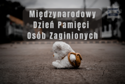 Na zdjęciu widnieje pozostawiony na ulicy pluszowy miś a nad nim umieszczony jest napis ;Międzynarodowy Dzień Pamięci Osób Zaginionych