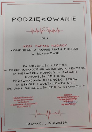 Podziękowanie dla Komendanta Komisariatu Policji w Sławkowie.