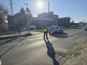 Na zdjęciu policjant stoi na drodze przy przejściu dla piszych i kieruje ruchem.
