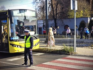 Na zdjęciu policjant stoi na drodze przy przejściu dla piszych i kieruje ruchem.