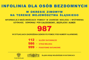 Infografika. Niebieskie napisy na żółtym tle z infolinią dla bezdomnych.