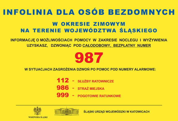 Infografika. Niebieskie napisy na żółtym tle z infolinią dla bezdomnych.