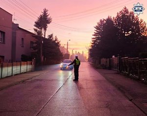 zdjęcie przedstawia policjanta zatrzymującego pojazd do kontroli