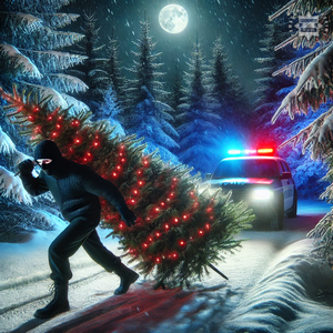 Grafika przedstawiająca zamaskowanego mężczyznę niosącego choinkę a za nim jadący radiowóz.