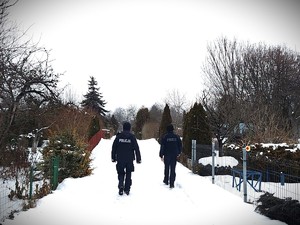 Policjanci kontrolują zaśnieżone ogródki działkowe.