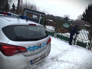 Na zdjęciu radiowóz policyjny oraz policjant otwierający bramę ogródków działkowych.