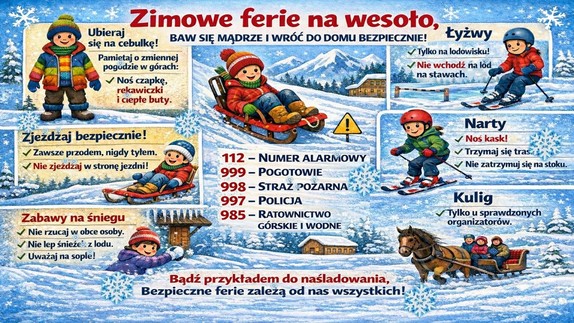 Grafika w formie komiksu przedstawia dzieci podczas różnych form zimowego wypoczynku oraz porady jak bezpiecznie spędzać czas. Treść porad zawarta w komunikacie.